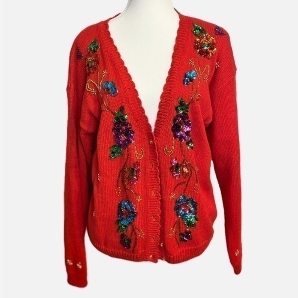 Exclusive Imports Vintage Sequin Floral Cardigan Sweater with Gold Buttons